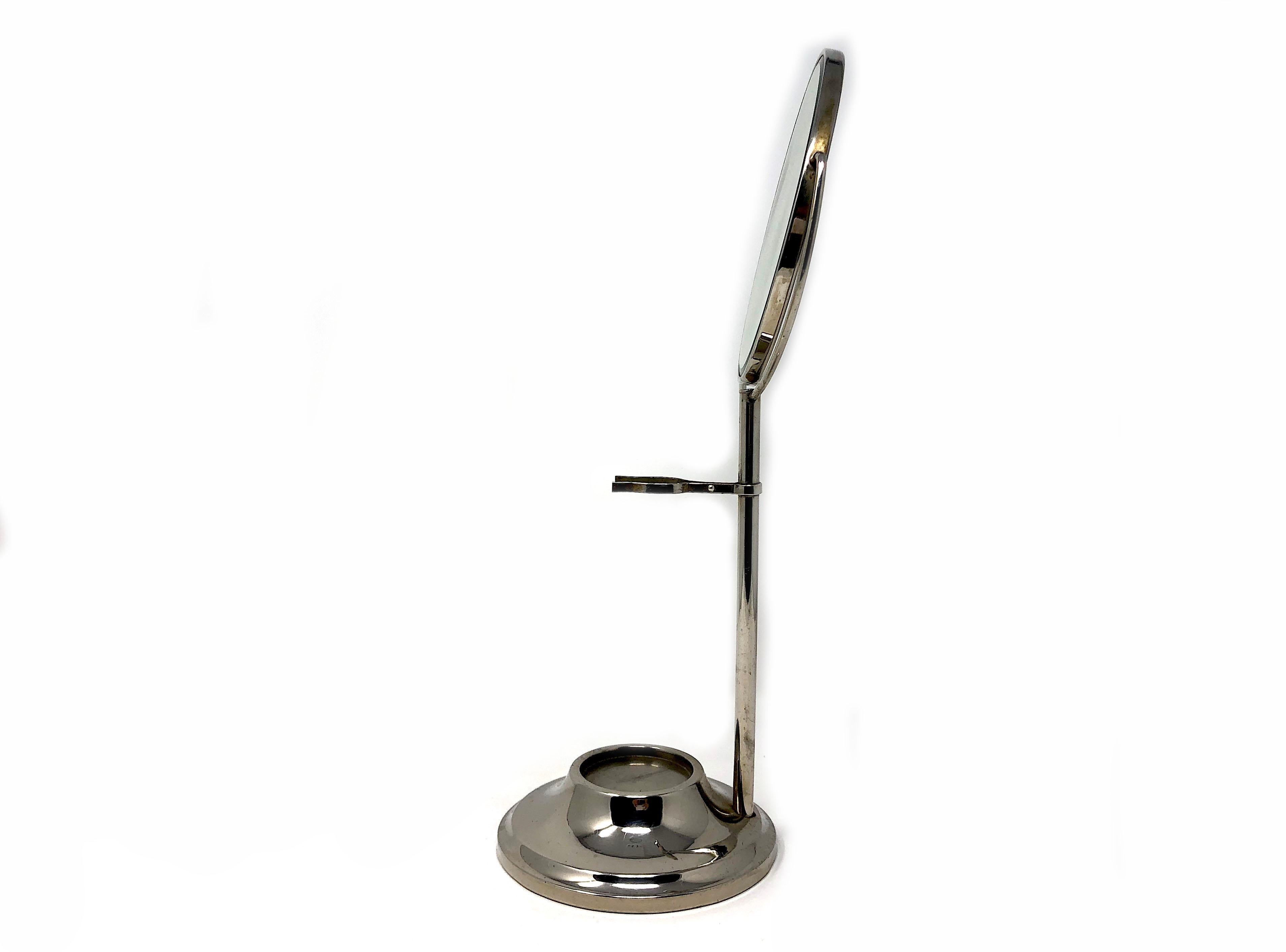 Plated Antique Art Deco Chrome Silver Pedestal Shaving Mirror on Stand with Holder For Sale