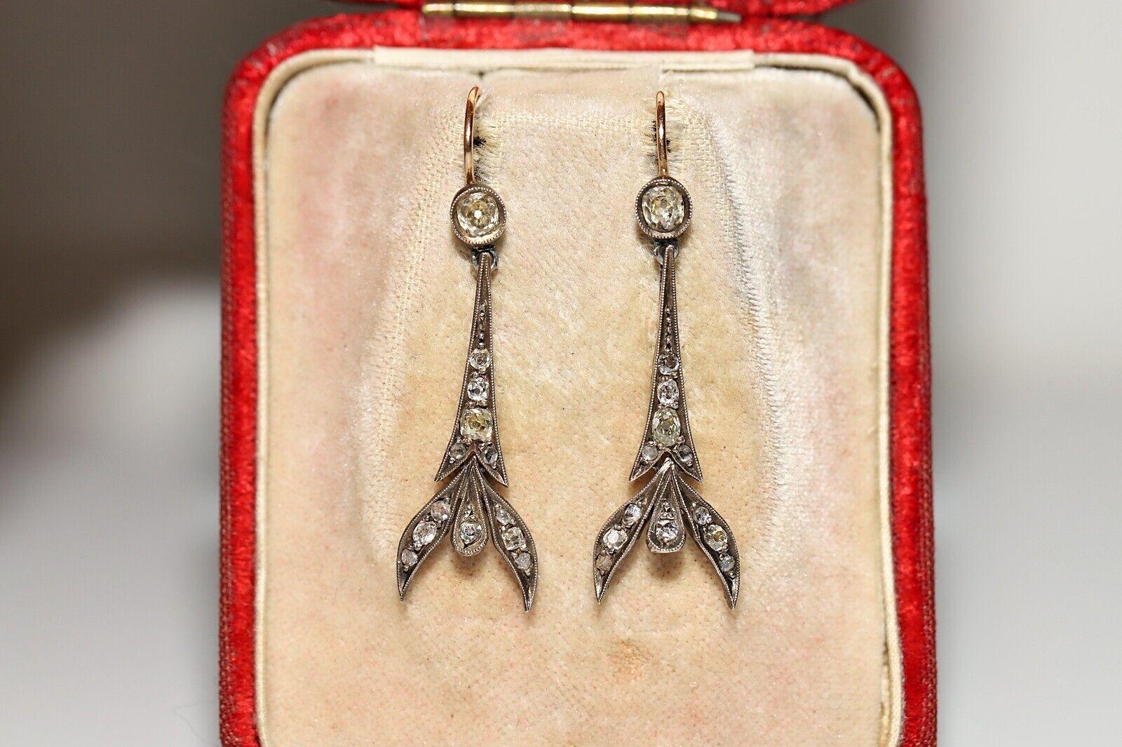 Antique Art Deco Circa 1920s 12k Gold Natural Diamond Decorated Drop Earring  For Sale 1