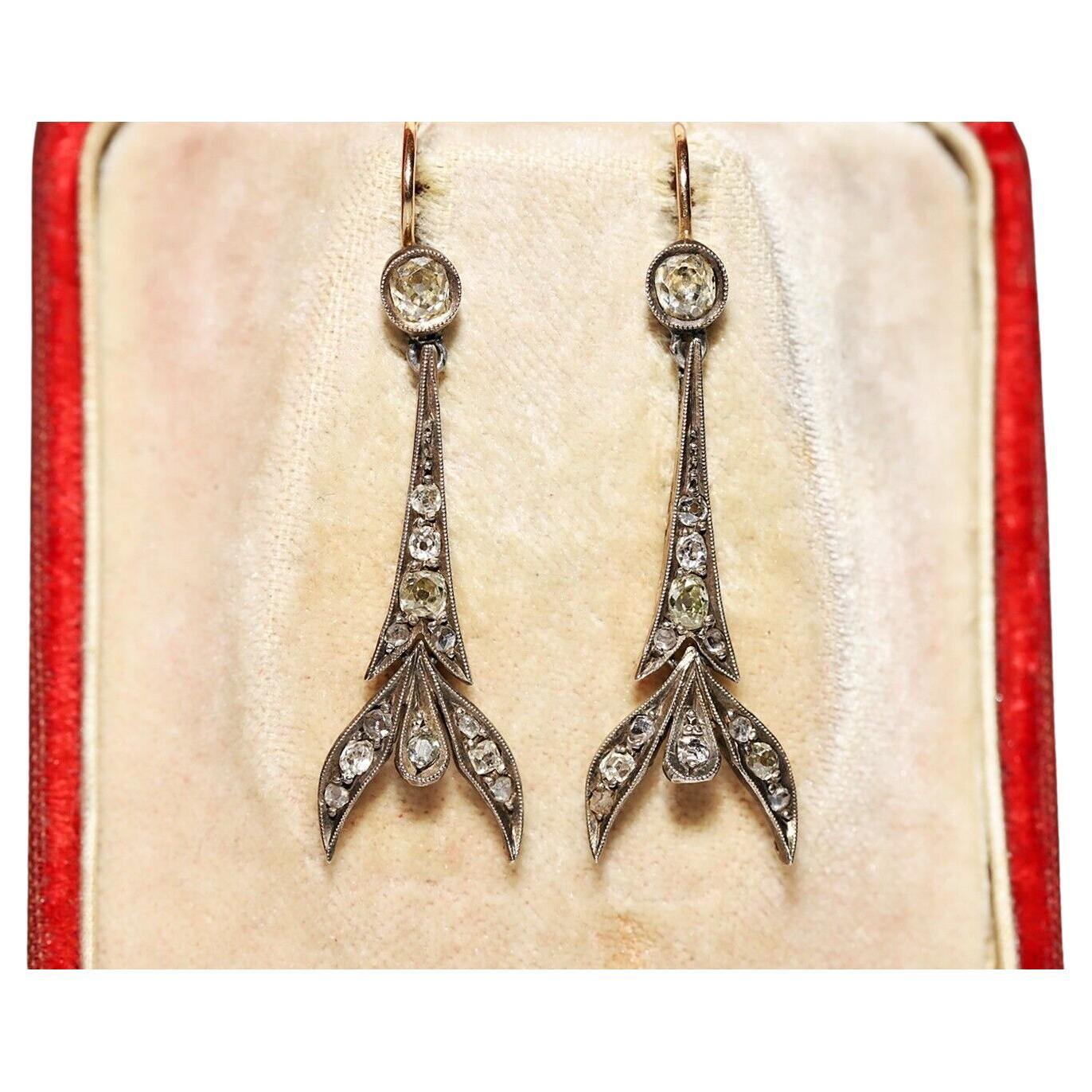 Antique Art Deco Circa 1920s 18k Gold Top Silver Natural Diamond Drop Earring For Sale