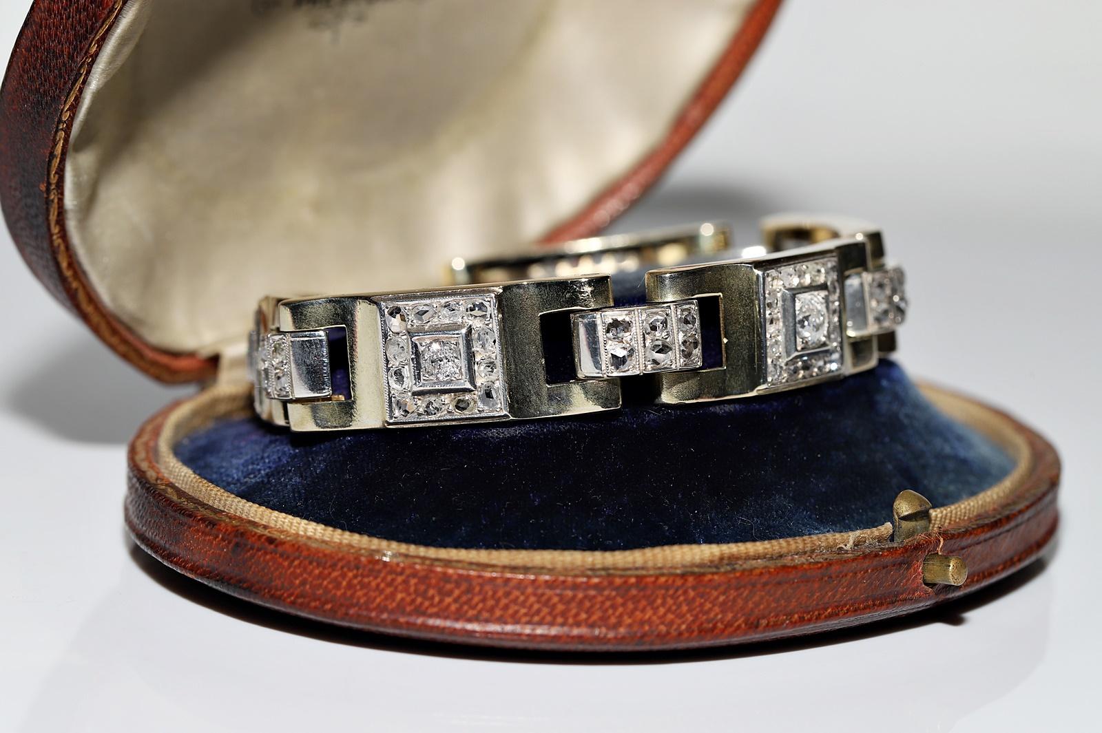 Rose Cut Antique Art Deco Circa 1920s 14k Gold Natural Diamond Decorated Bracelet 