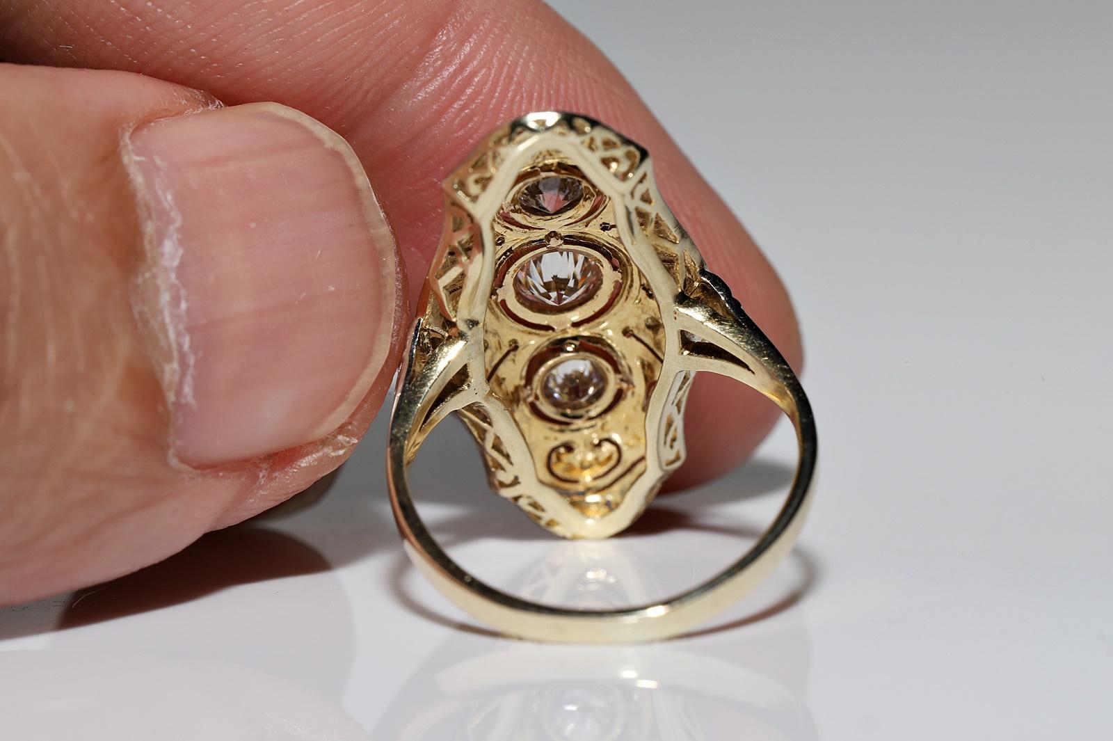 Antique Art Deco Circa 1920s 14k Gold Natural Diamond Decorated Navette Ring 7