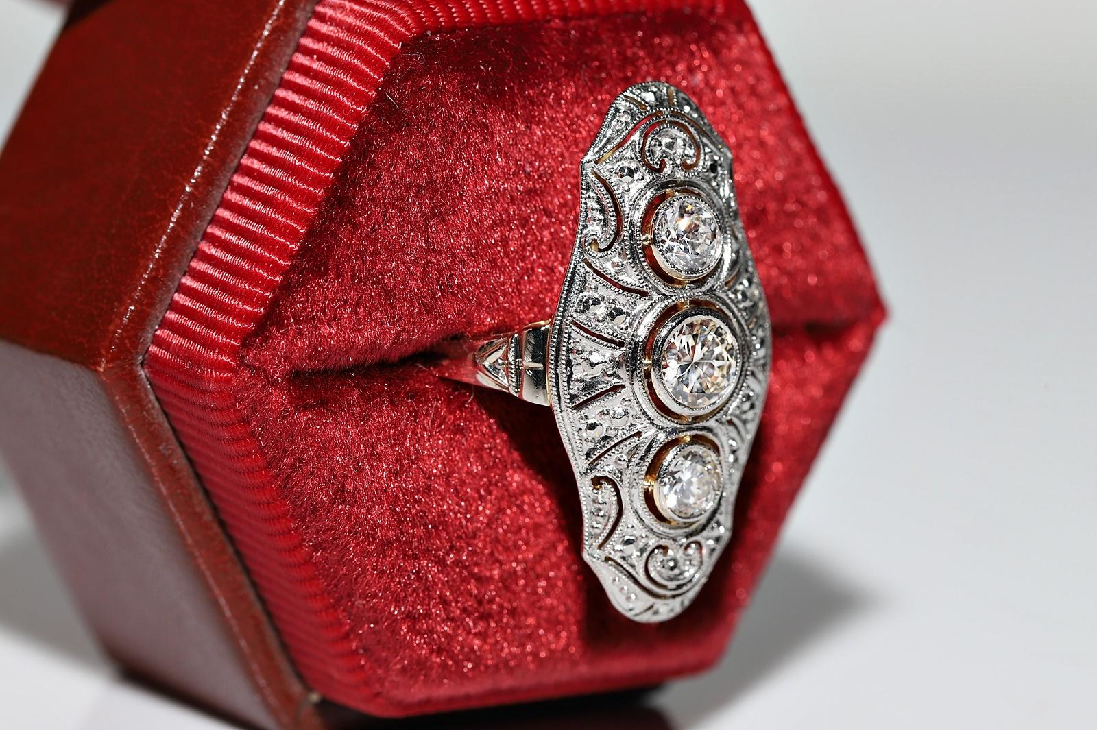 Antique Art Deco Circa 1920s 14k Gold Natural Diamond Decorated Navette Ring 1