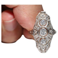 Antique Art Deco Circa 1920s 14k Gold Natural Diamond Decorated Navette Ring