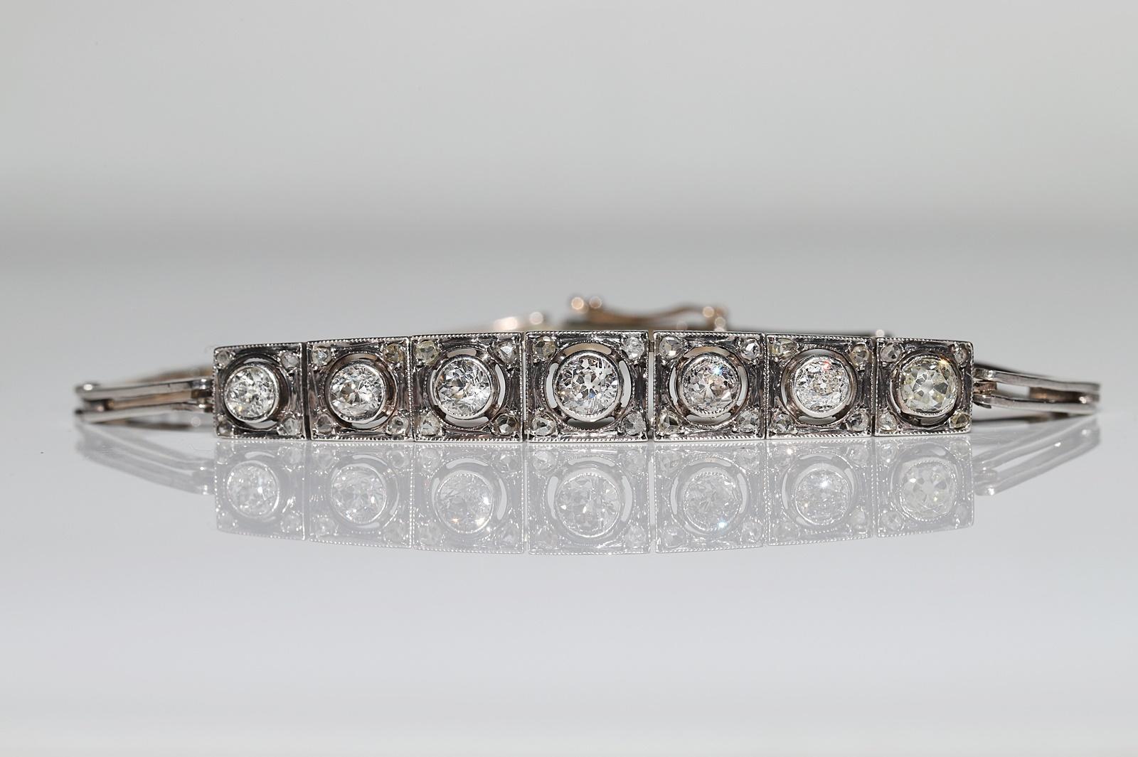 Antique Art Deco Circa 1920s 14k Gold Top Silver Natural Diamond Bracelet For Sale 5
