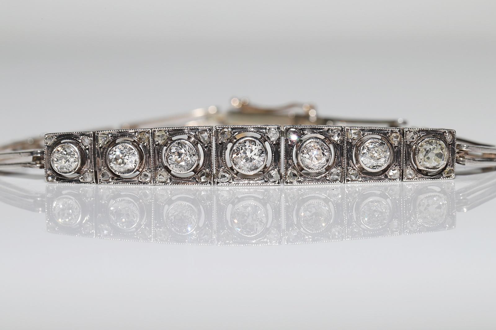 Antique Art Deco Circa 1920s 14k Gold Top Silver Natural Diamond Bracelet For Sale 6