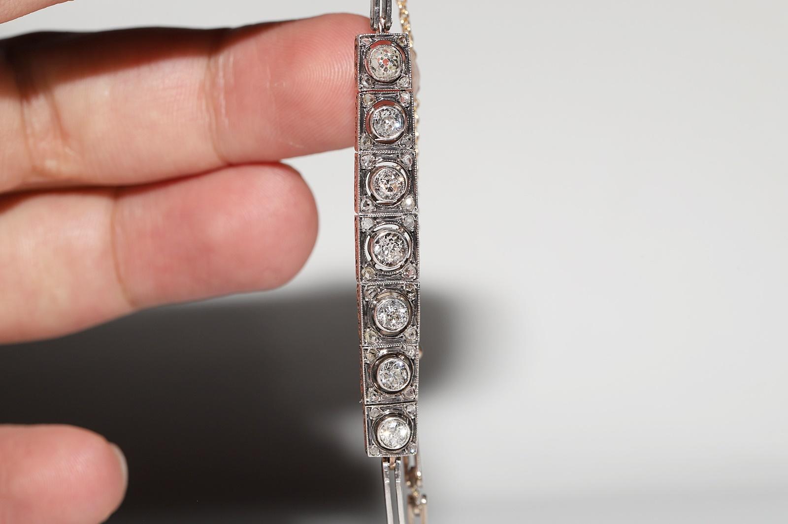 Antique Art Deco Circa 1920s 14k Gold Top Silver Natural Diamond Bracelet For Sale 7