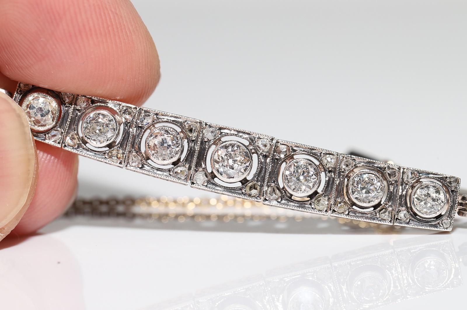 Antique Art Deco Circa 1920s 14k Gold Top Silver Natural Diamond Bracelet For Sale 9