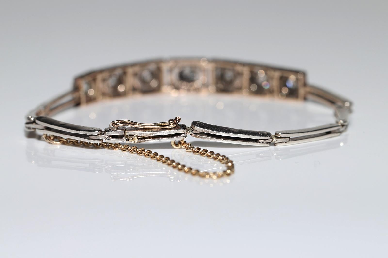 Antique Art Deco Circa 1920s 14k Gold Top Silver Natural Diamond Bracelet For Sale 11