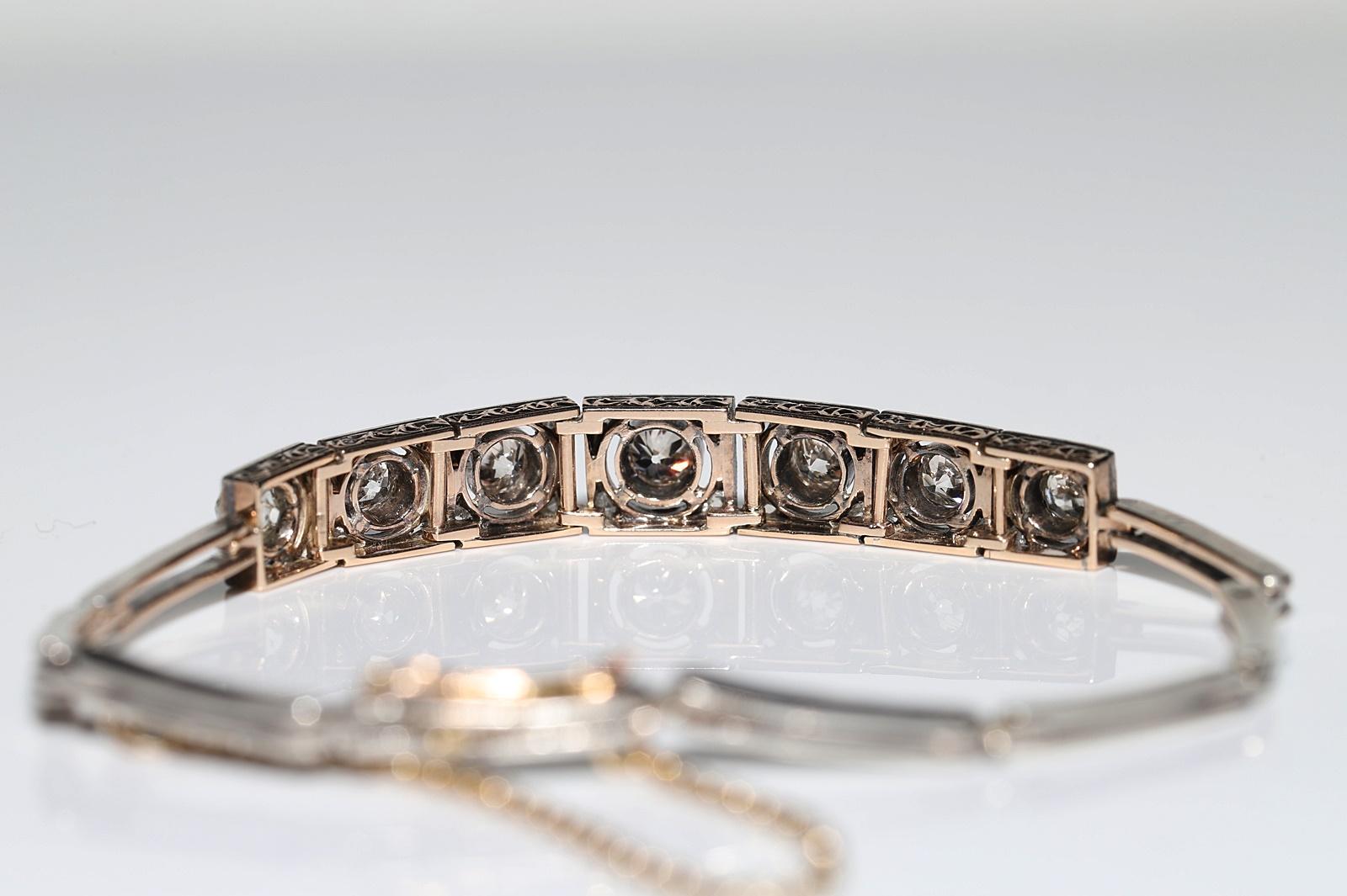 Antique Art Deco Circa 1920s 14k Gold Top Silver Natural Diamond Bracelet For Sale 12
