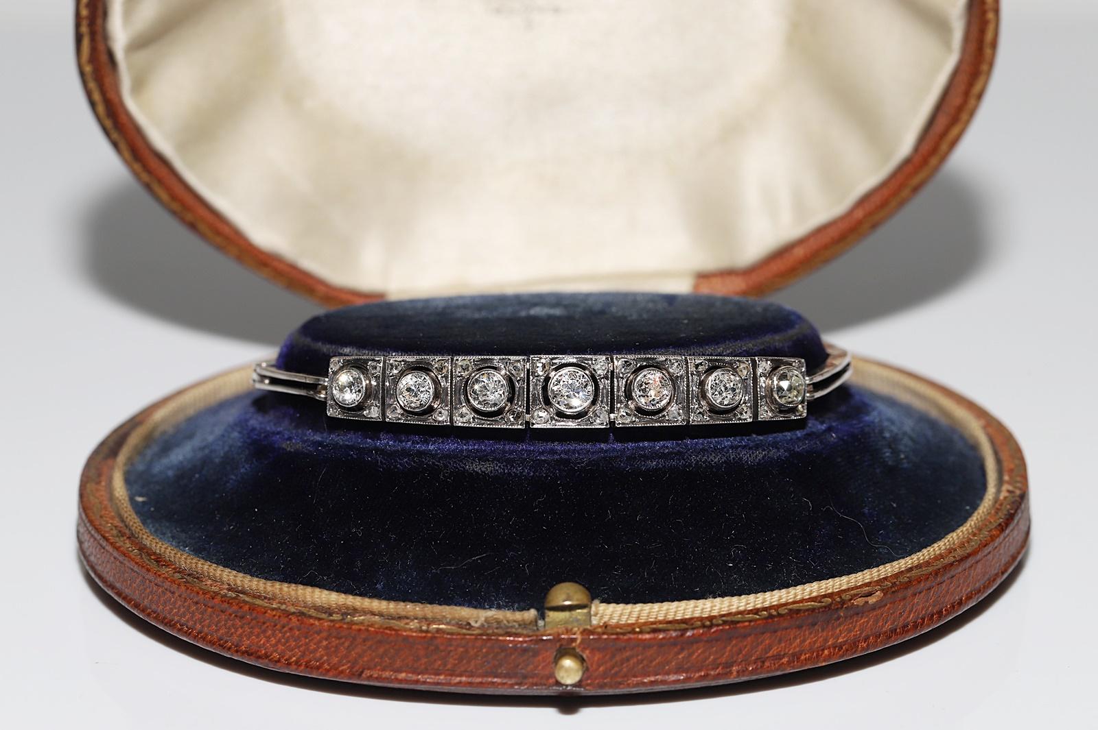 Antique Art Deco Circa 1920s 14k Gold Top Silver Natural Diamond Bracelet For Sale 2