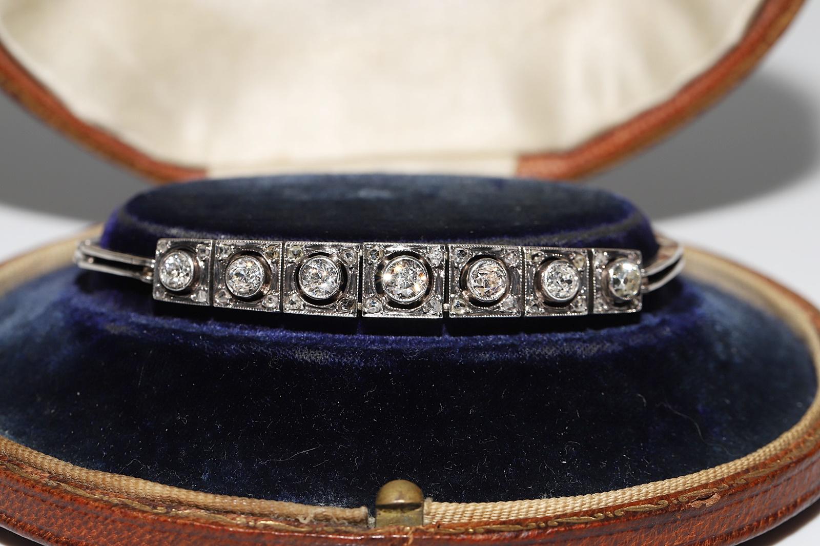 Antique Art Deco Circa 1920s 14k Gold Top Silver Natural Diamond Bracelet For Sale 3