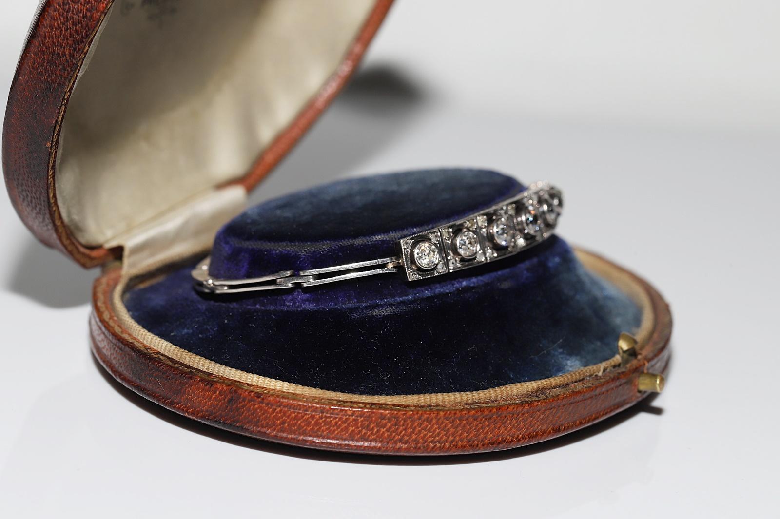 Antique Art Deco Circa 1920s 14k Gold Top Silver Natural Diamond Bracelet For Sale 4