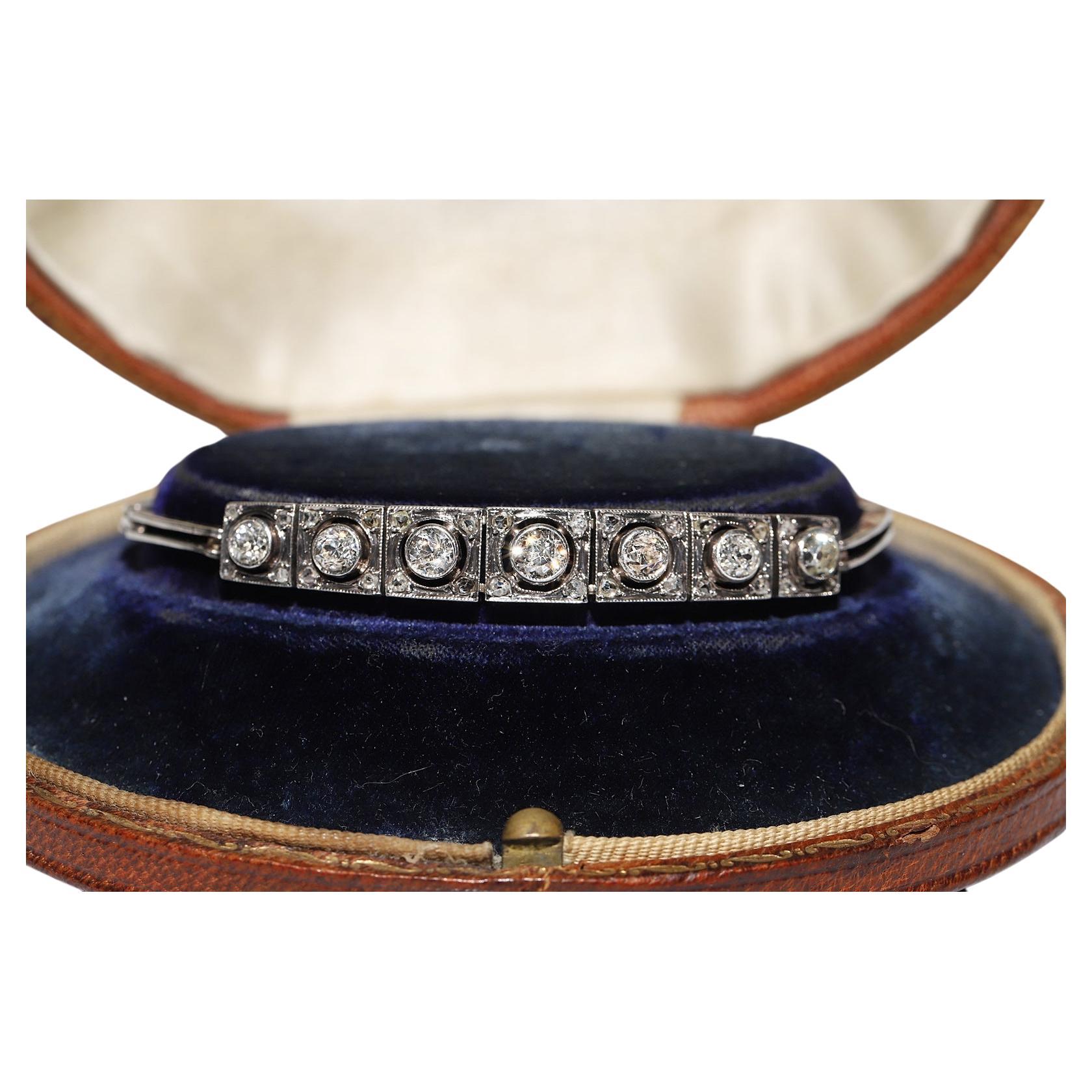 Antique Art Deco Circa 1920s 14k Gold Top Silver Natural Diamond Bracelet For Sale