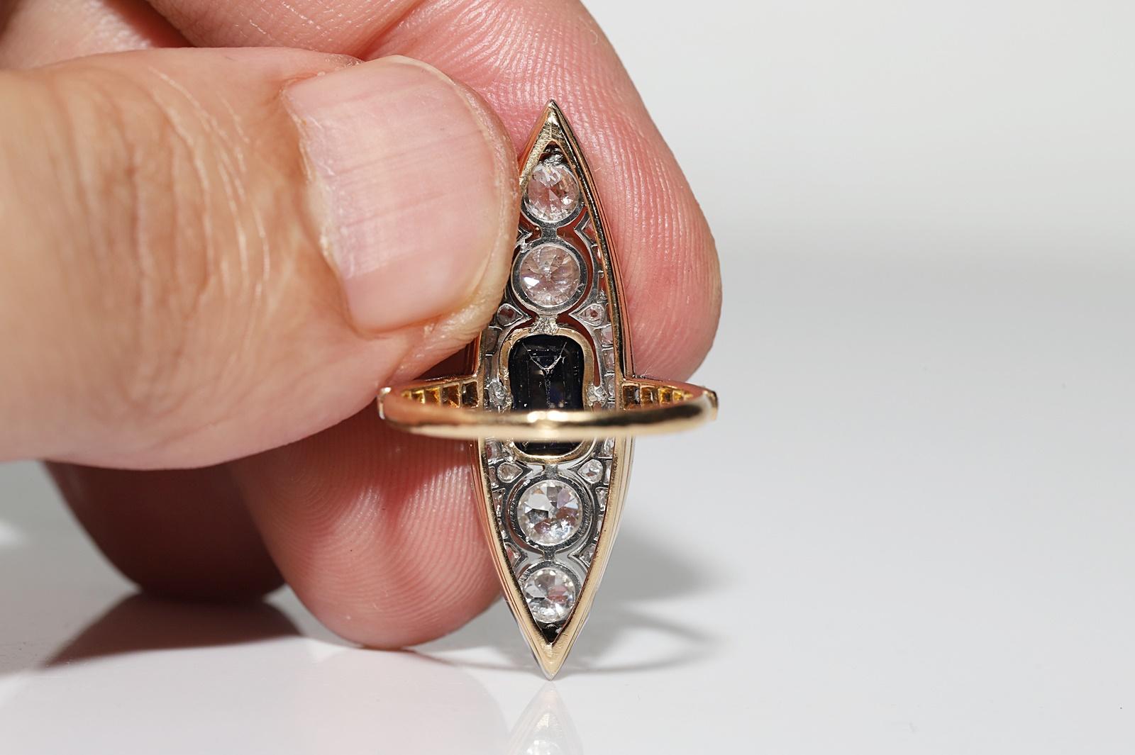Antique Art Deco Circa 1920s 18k Gold Natural Diamond And Sapphire  Navette Ring For Sale 5