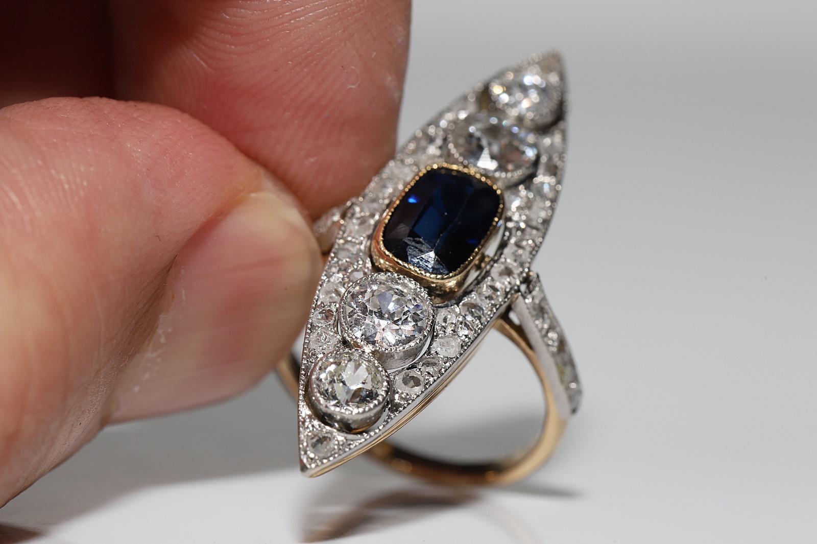 Antique Art Deco Circa 1920s 18k Gold Natural Diamond And Sapphire  Navette Ring For Sale 7
