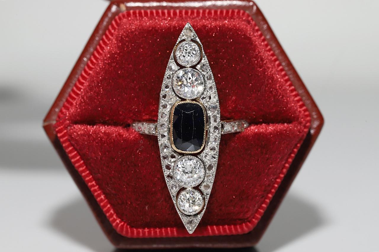 In very good condition.
Total weight is 6.1 grams.
Totally is brilliant cut diamond 1.30 ct.
Totally is rose cut diamond 0.50 ct.
The diamond is has H-I color and vs-s1-s2 clarity.
Totally is sapphire 1.10 ct.
Ring size is US 6.25 (We offer free