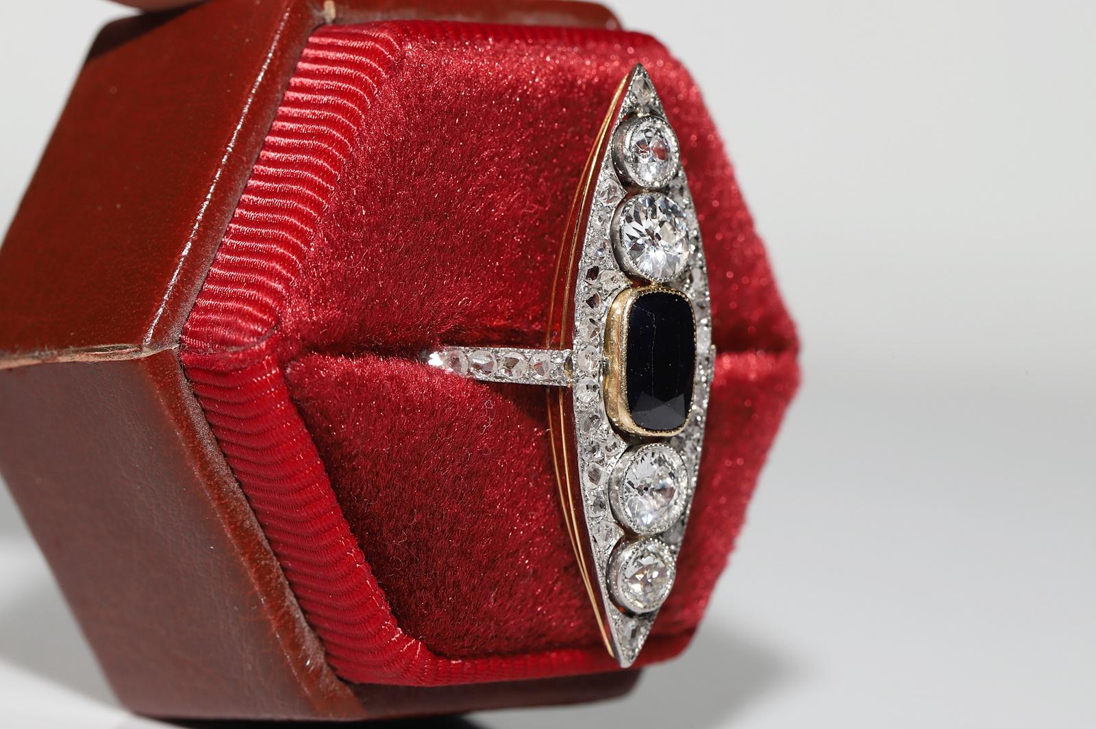 Brilliant Cut Antique Art Deco Circa 1920s 18k Gold Natural Diamond And Sapphire  Navette Ring For Sale