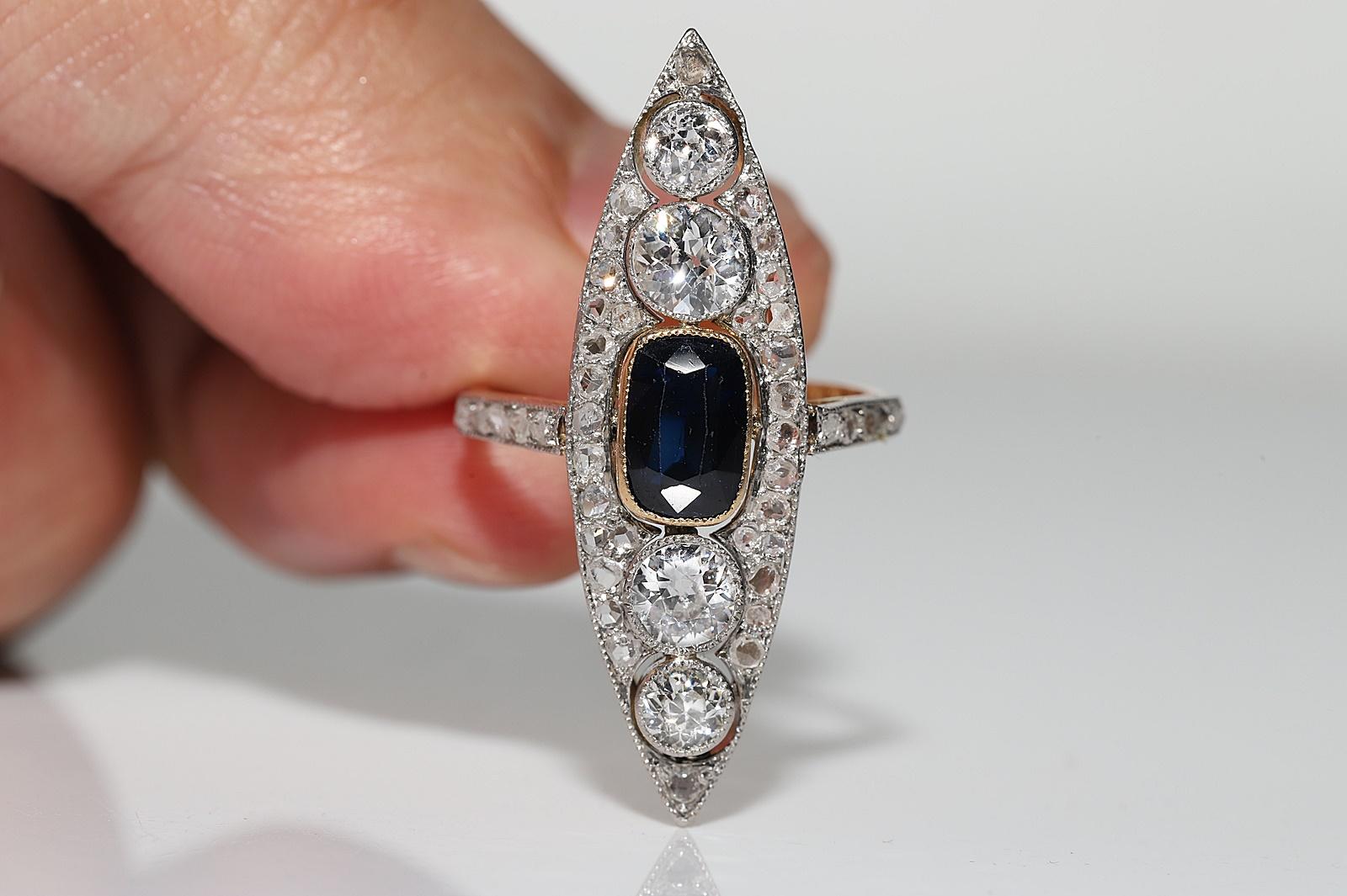 Antique Art Deco Circa 1920s 18k Gold Natural Diamond And Sapphire  Navette Ring In Good Condition For Sale In Fatih/İstanbul, 34