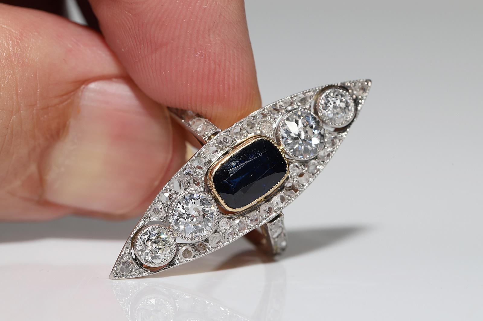 Antique Art Deco Circa 1920s 18k Gold Natural Diamond And Sapphire  Navette Ring For Sale 1