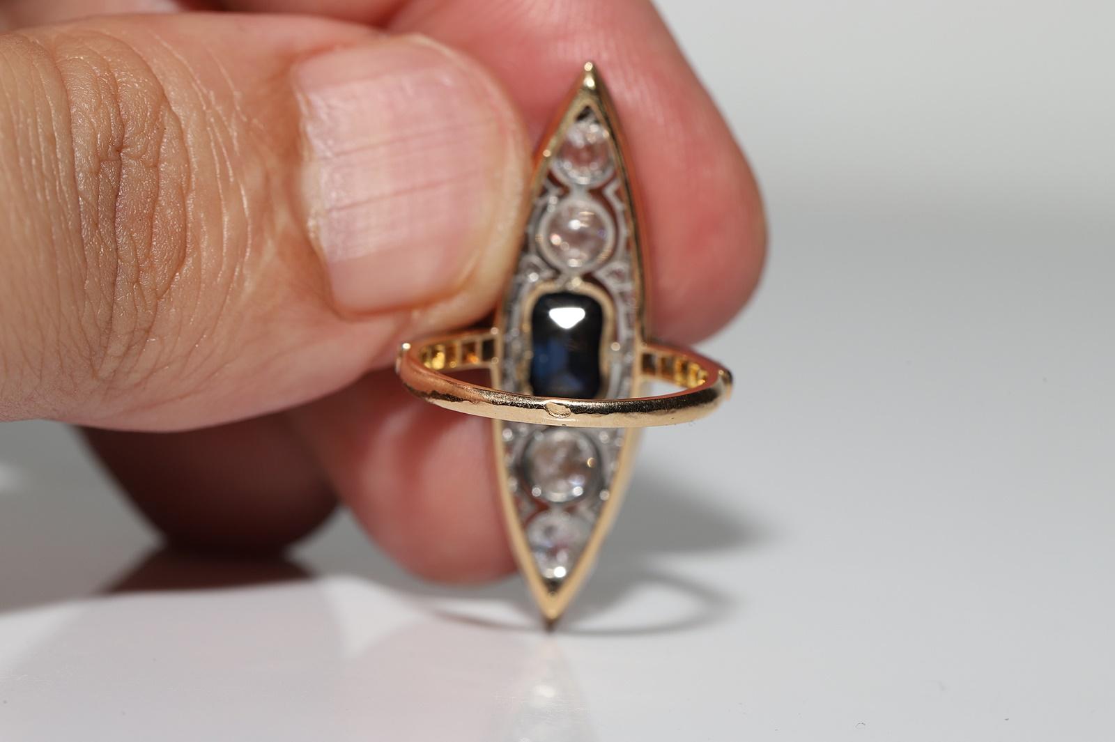 Antique Art Deco Circa 1920s 18k Gold Natural Diamond And Sapphire  Navette Ring For Sale 3