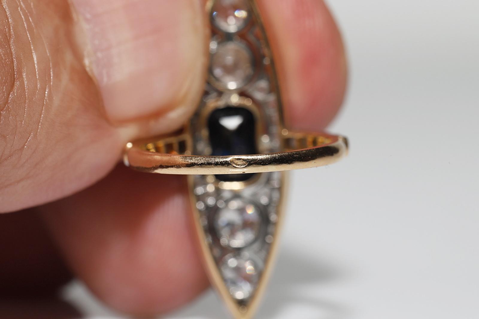 Antique Art Deco Circa 1920s 18k Gold Natural Diamond And Sapphire  Navette Ring For Sale 4