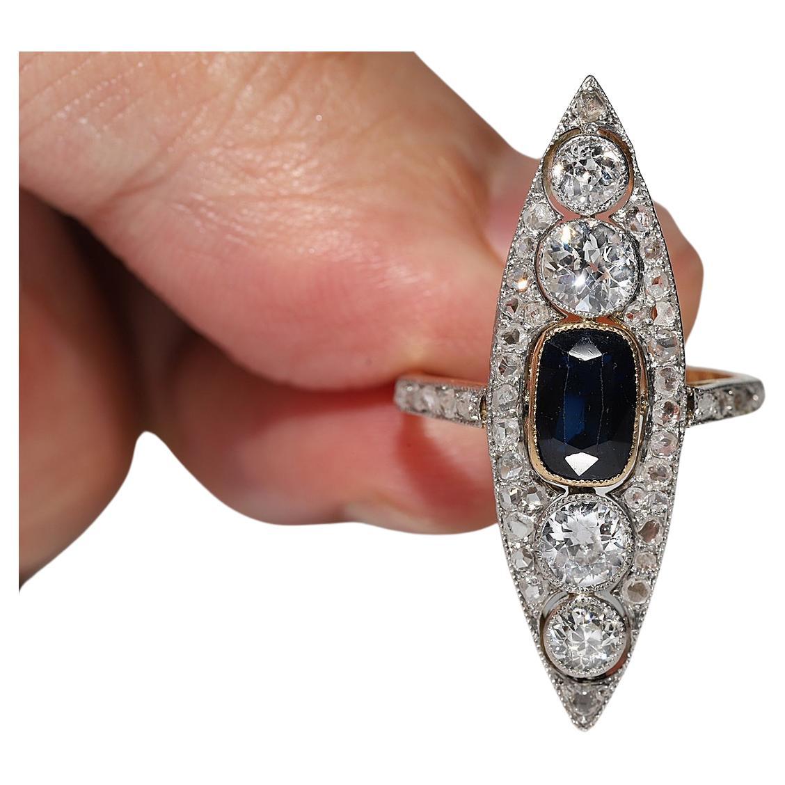 Antique Art Deco Circa 1920s 18k Gold Natural Diamond And Sapphire  Navette Ring For Sale