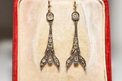 Antique Art Deco Circa 1920s 18k Gold Top Silver Natural Diamond Drop Earring