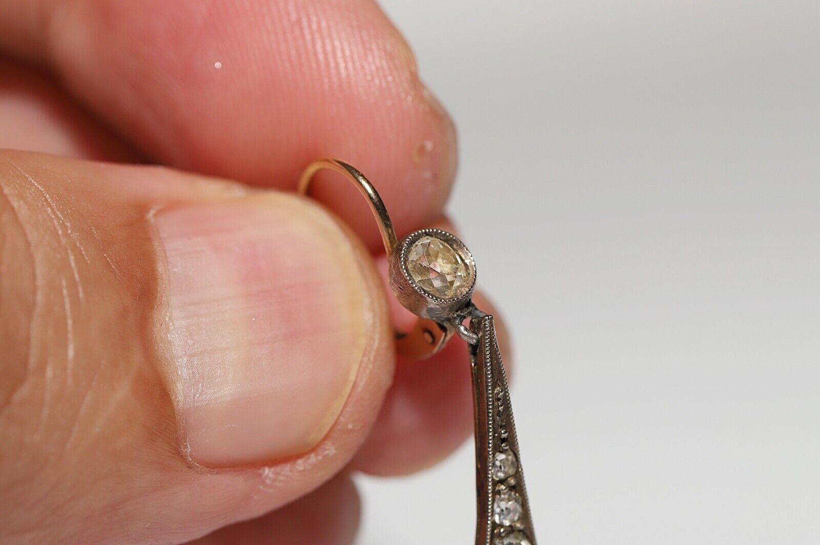 Taglio brillante Antico orecchino a goccia in oro 18k e argento con diamanti naturali in stile Art Deco, risalente al 1920. in vendita