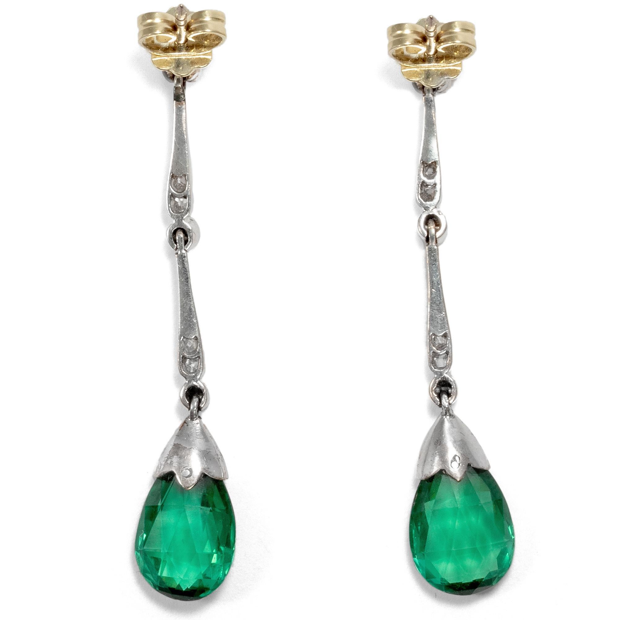 Art Deco Antique Art Déco circa 1925, Green Tourmaline Diamond Platinum on Gold Earrings