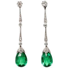 Antiquités Art Déco circa 1925, Boucles d'oreilles Tourmaline verte Diamant Platine sur Or