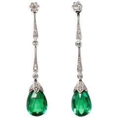 Antique Art Déco circa 1925, Green Tourmaline Diamond Platinum on Gold Earrings