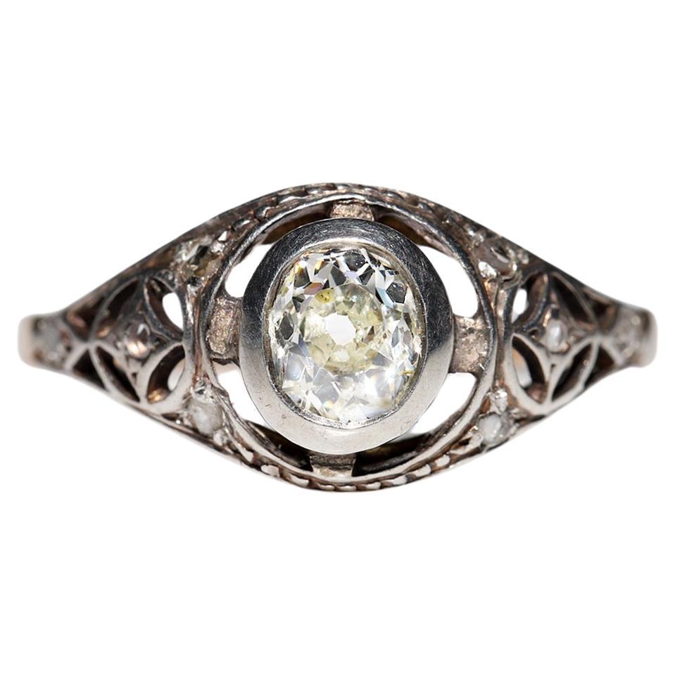 Antique Art Deco Circa 1930's 14k Gold Top Silver Natural Diamond Solitaire Ring For Sale