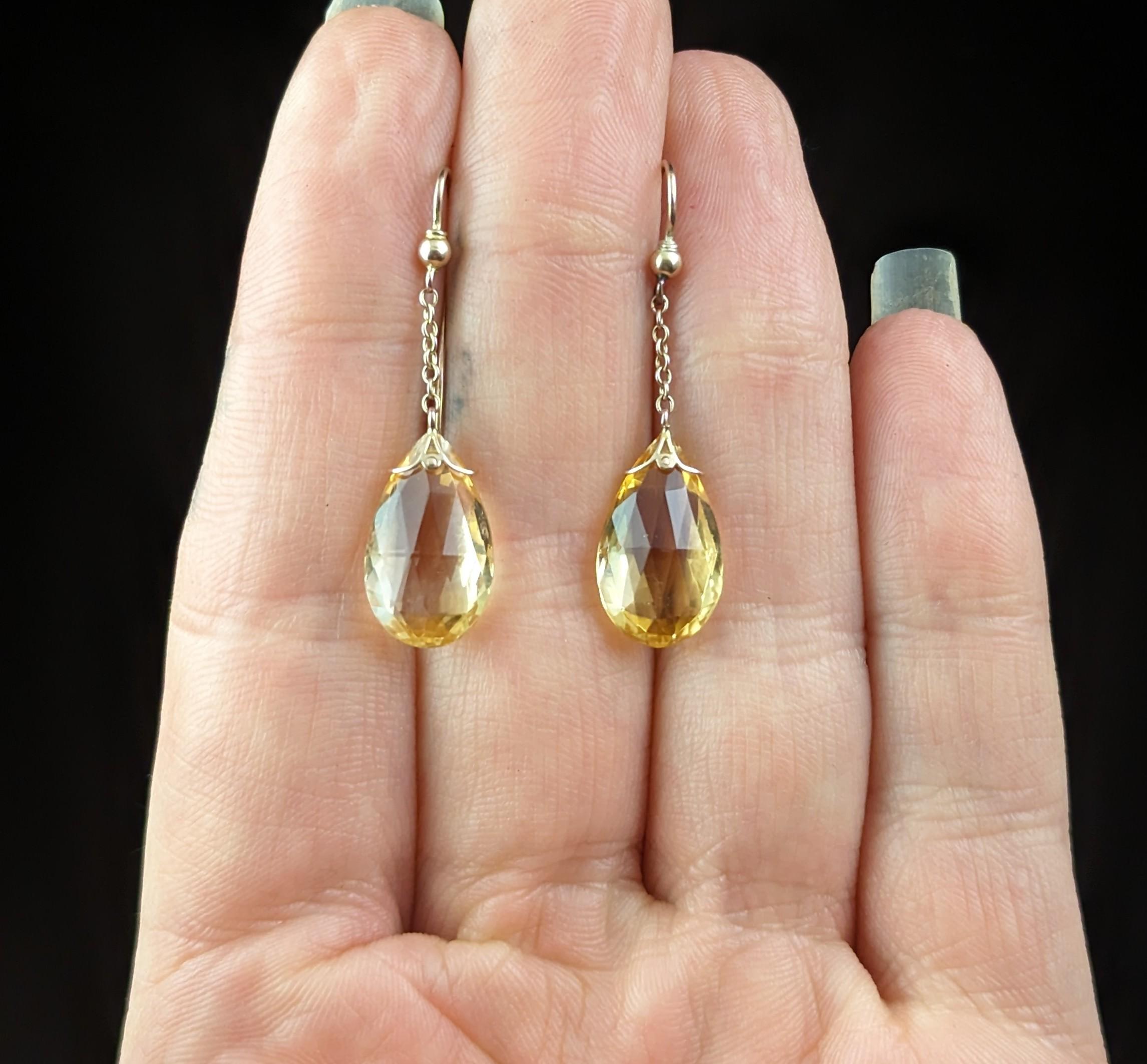 Antique Art Deco Citrine drop earrings, Briolette, 9k gold 5