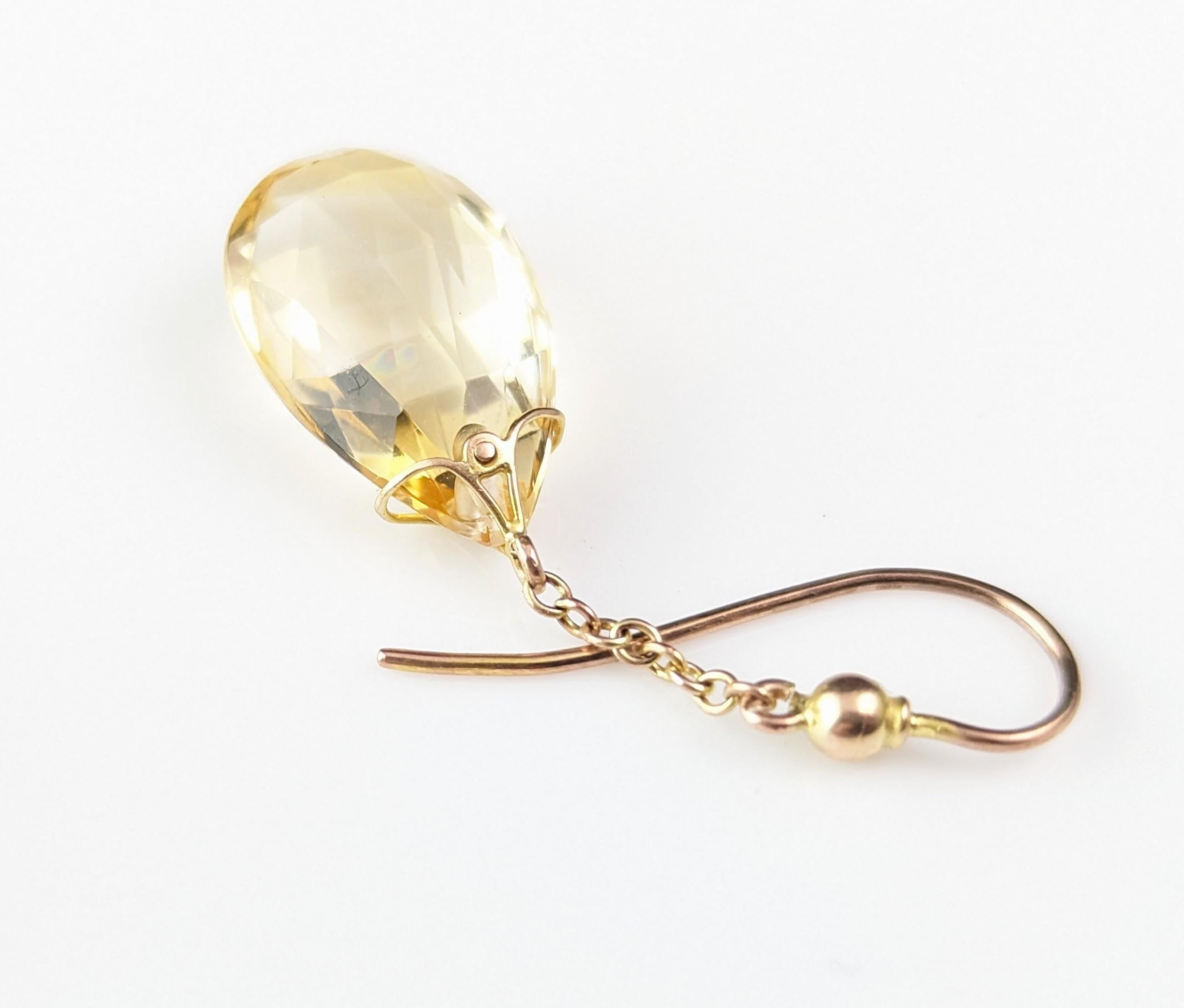Antique Art Deco Citrine drop earrings, Briolette, 9k gold 6