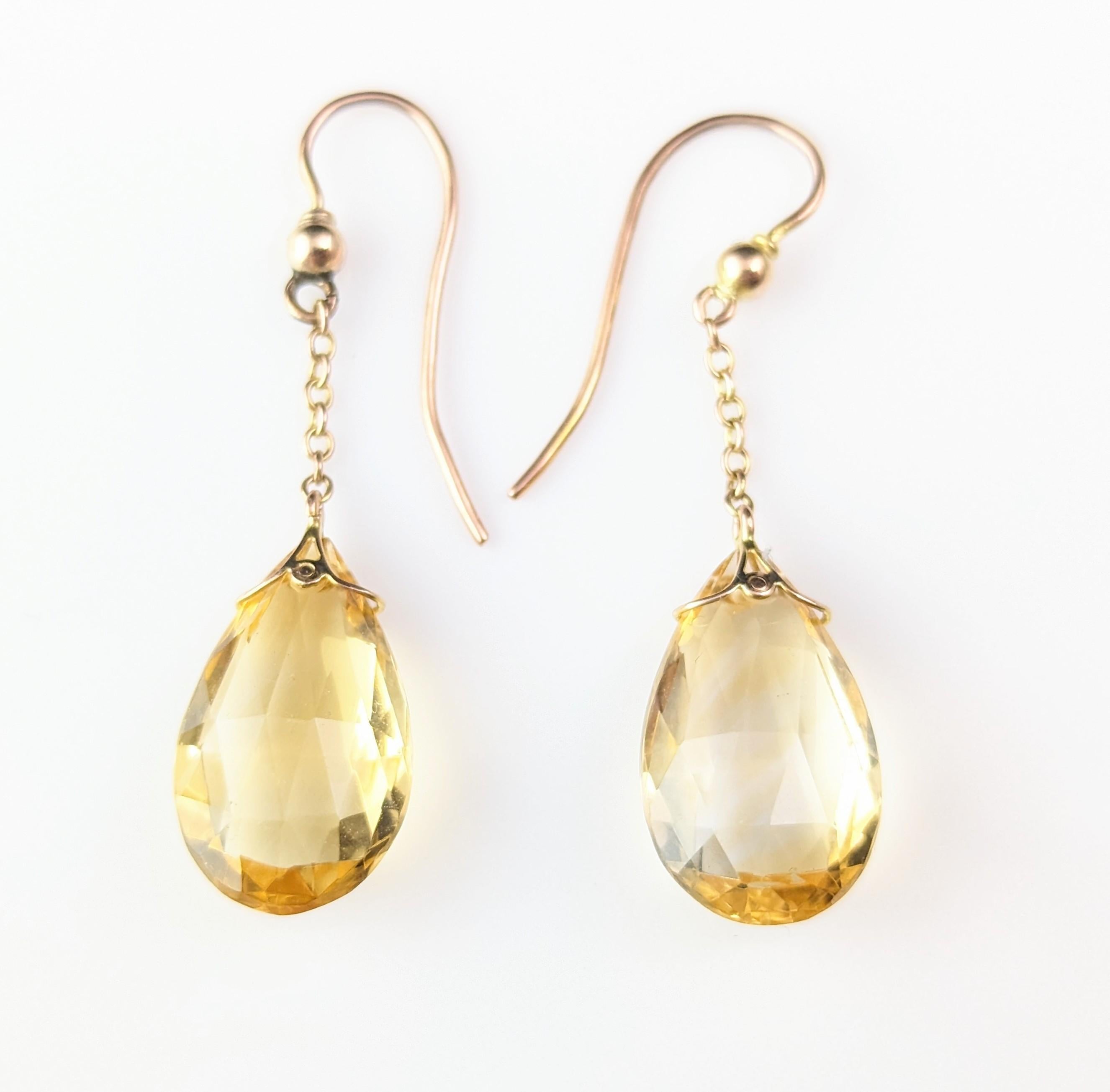 Antique Art Deco Citrine drop earrings, Briolette, 9k gold 7