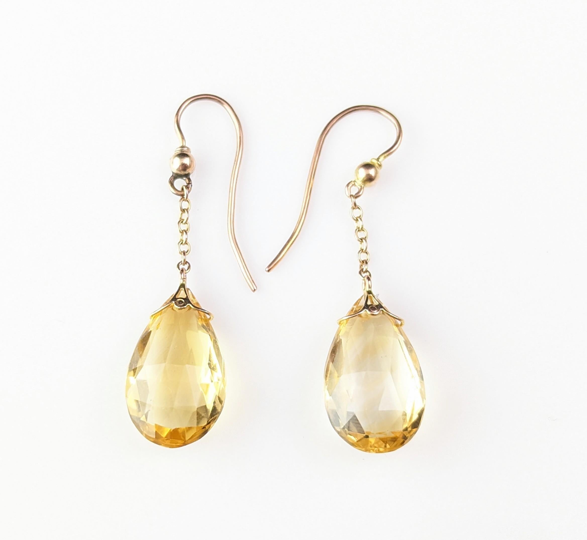 Antique Art Deco Citrine drop earrings, Briolette, 9k gold 8