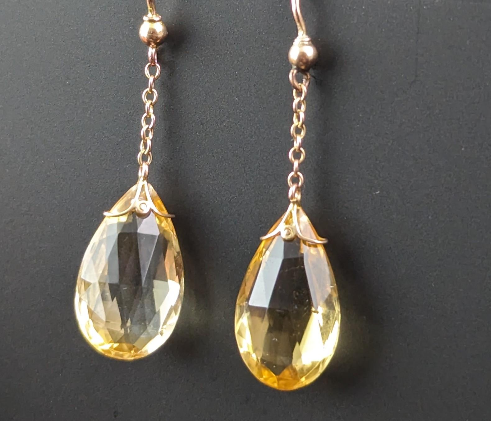 Briolette Cut Antique Art Deco Citrine drop earrings, Briolette, 9k gold