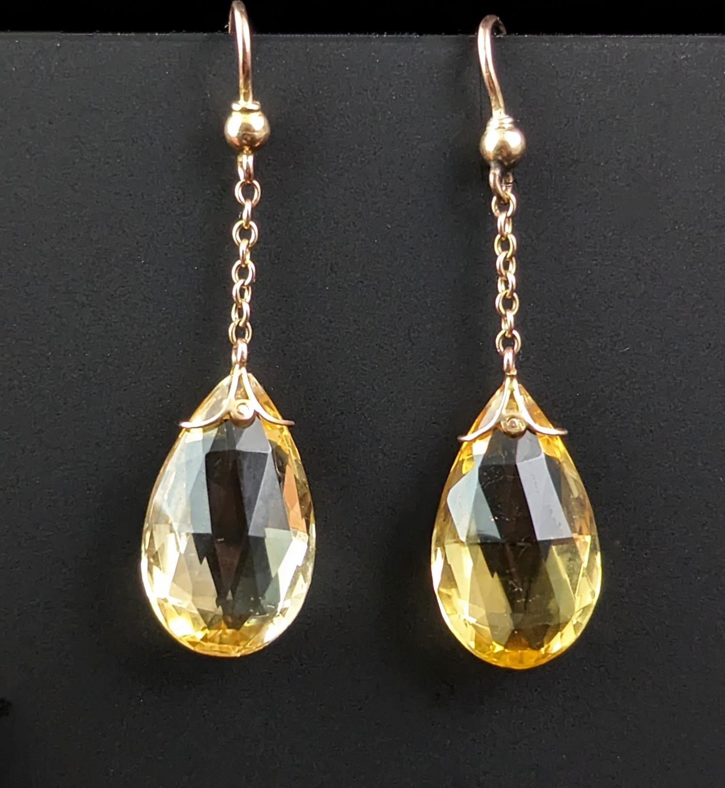 Women's Antique Art Deco Citrine drop earrings, Briolette, 9k gold