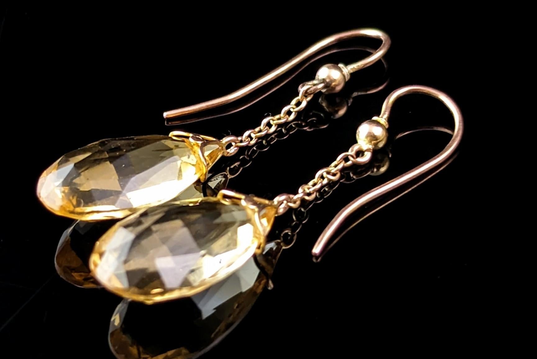 Antique Art Deco Citrine drop earrings, Briolette, 9k gold 1