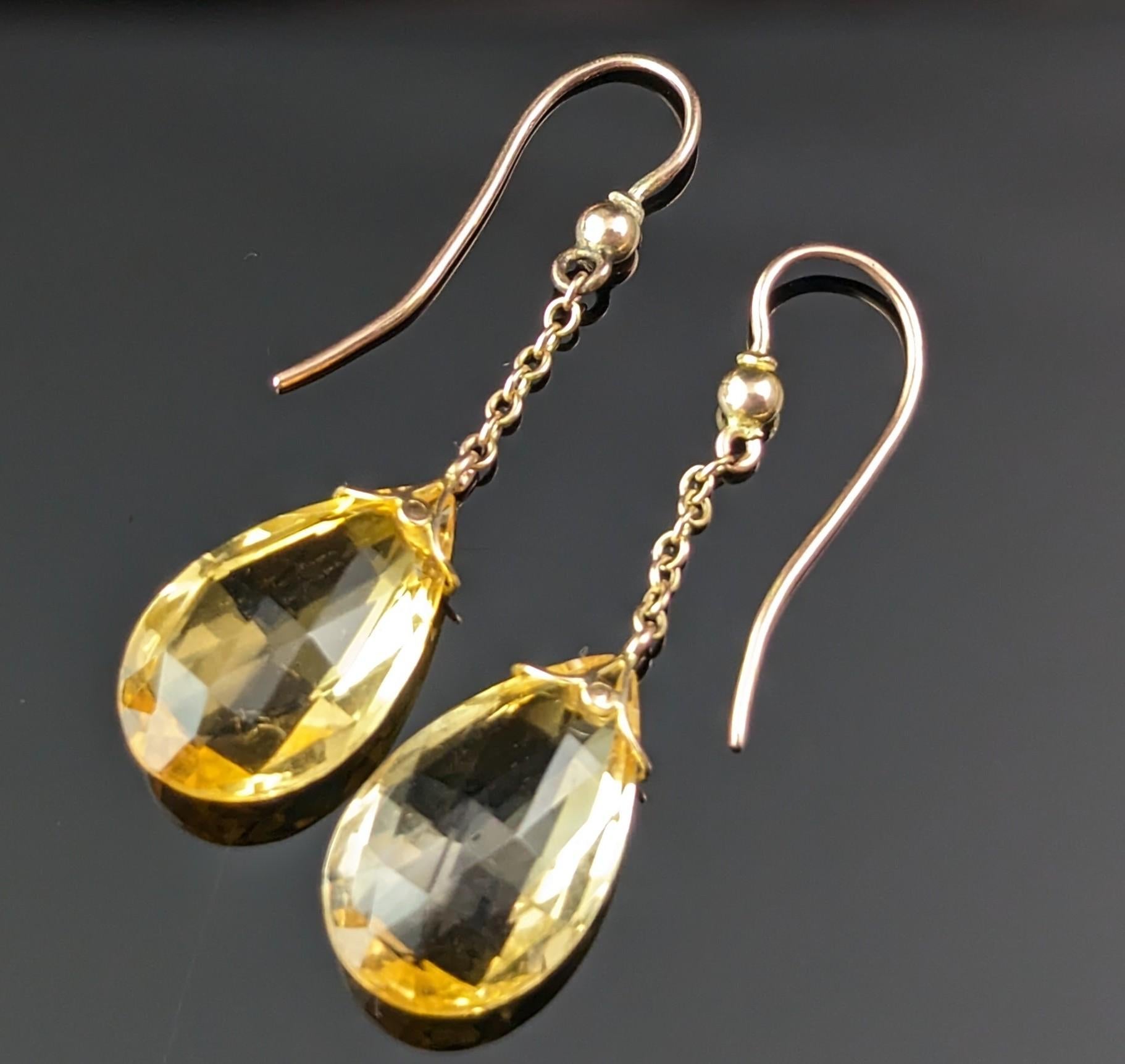 Antique Art Deco Citrine drop earrings, Briolette, 9k gold 2