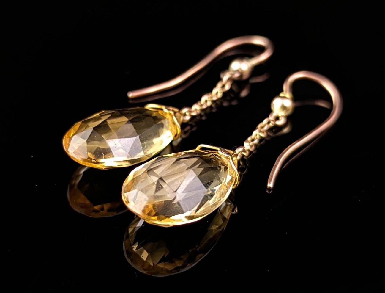 Antique Art Deco Citrine drop earrings, Briolette, 9k gold 3