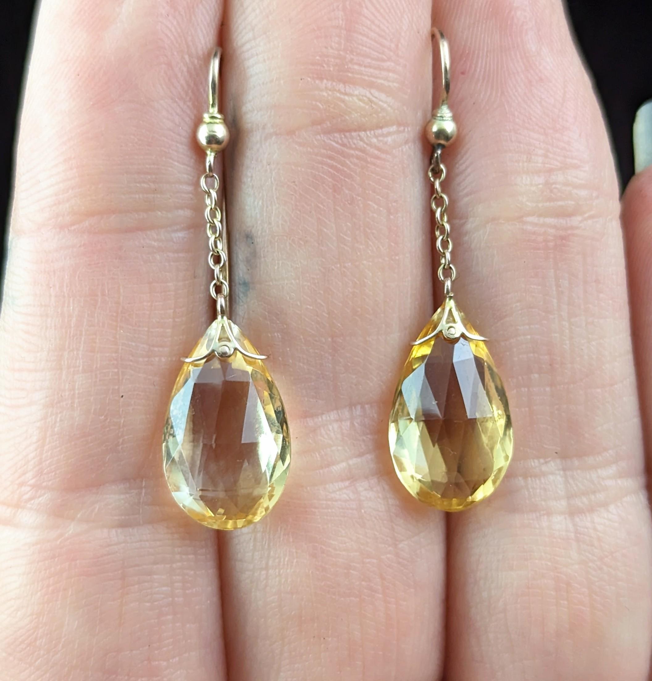 Antique Art Deco Citrine drop earrings, Briolette, 9k gold 4