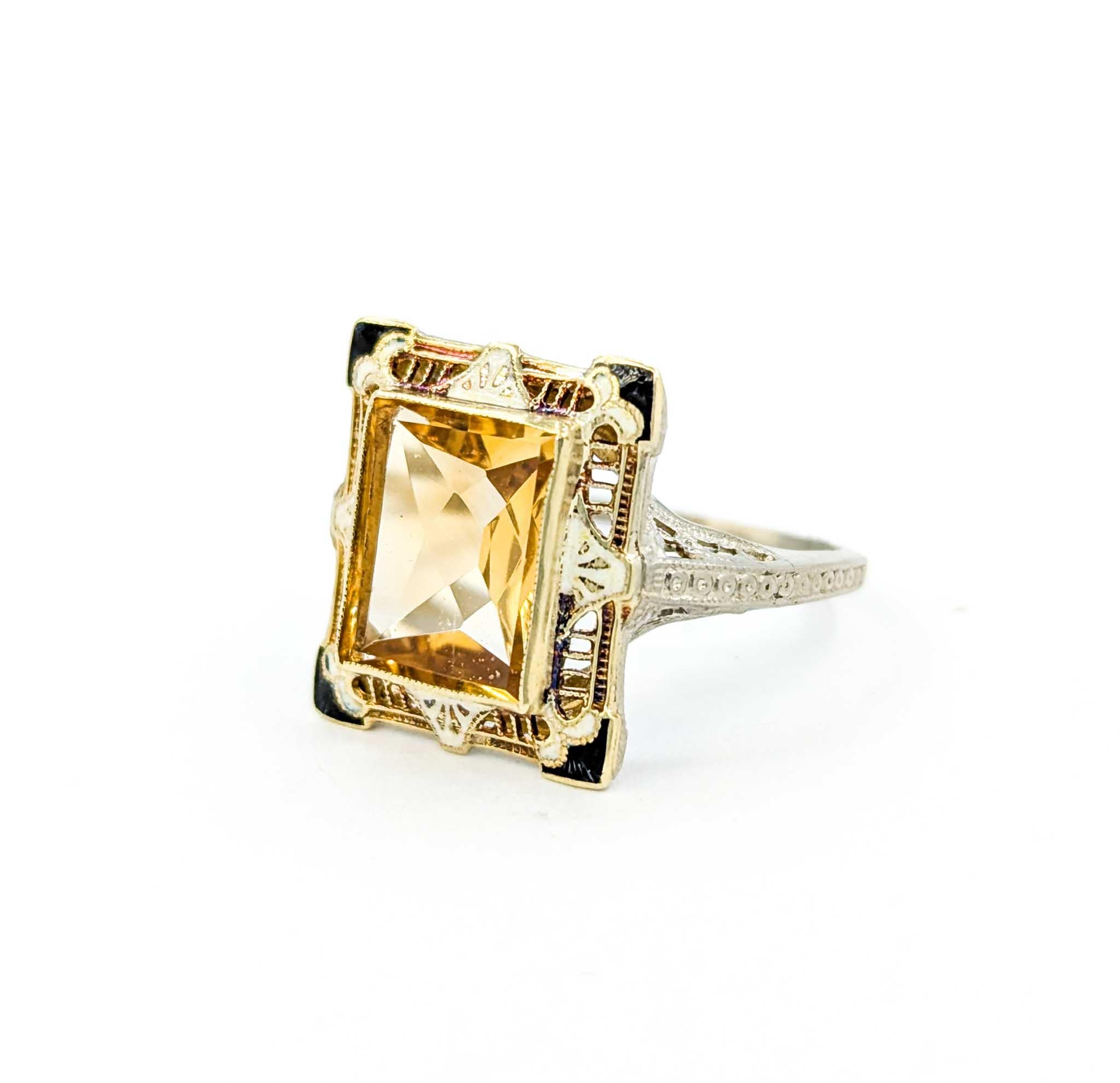 Antique Art Deco Citrine Filigree Ring with Enamel in White & Yellow Gold 5