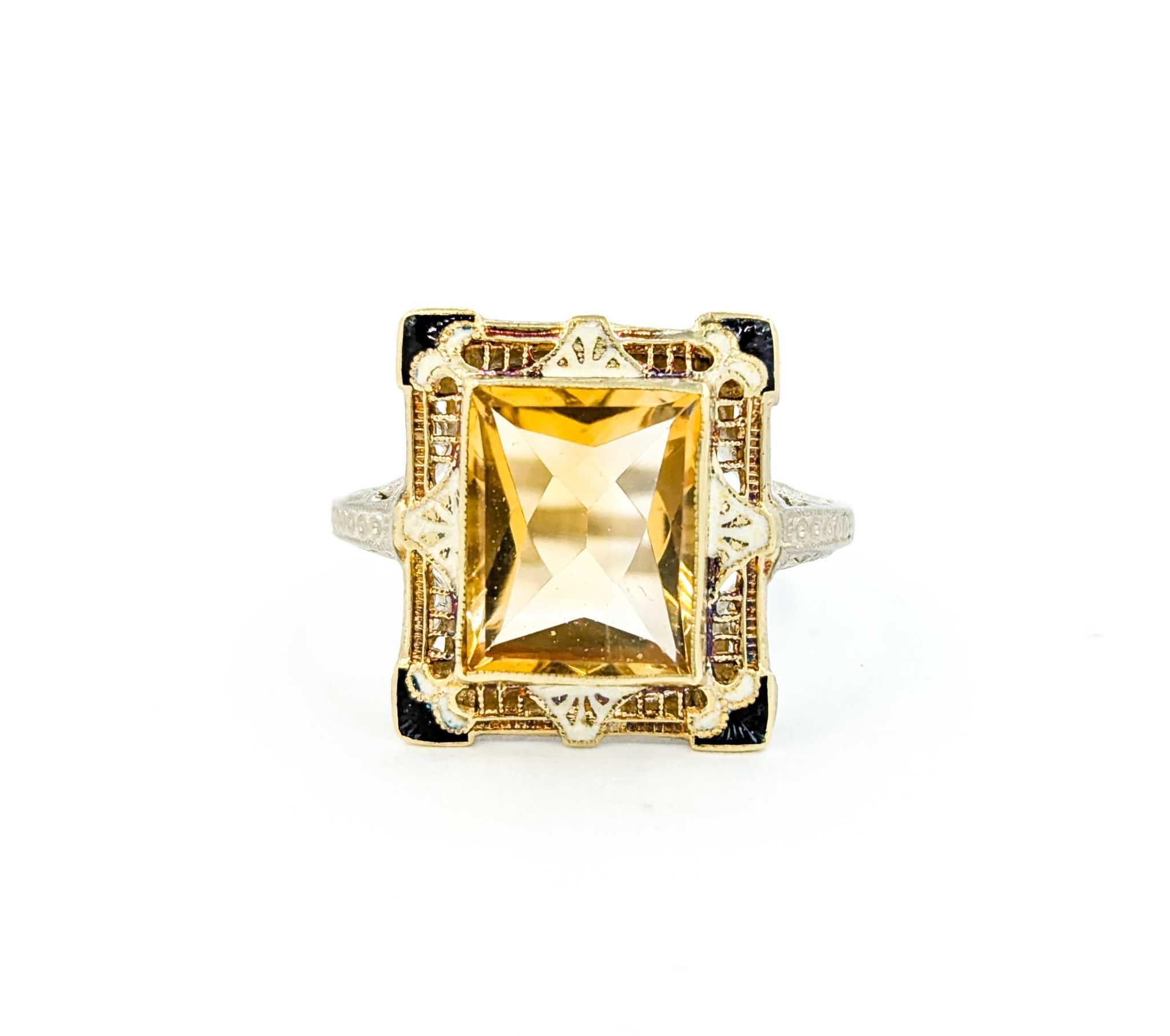 Antique Art Deco Citrine Filigree Ring with Enamel in White & Yellow Gold 6