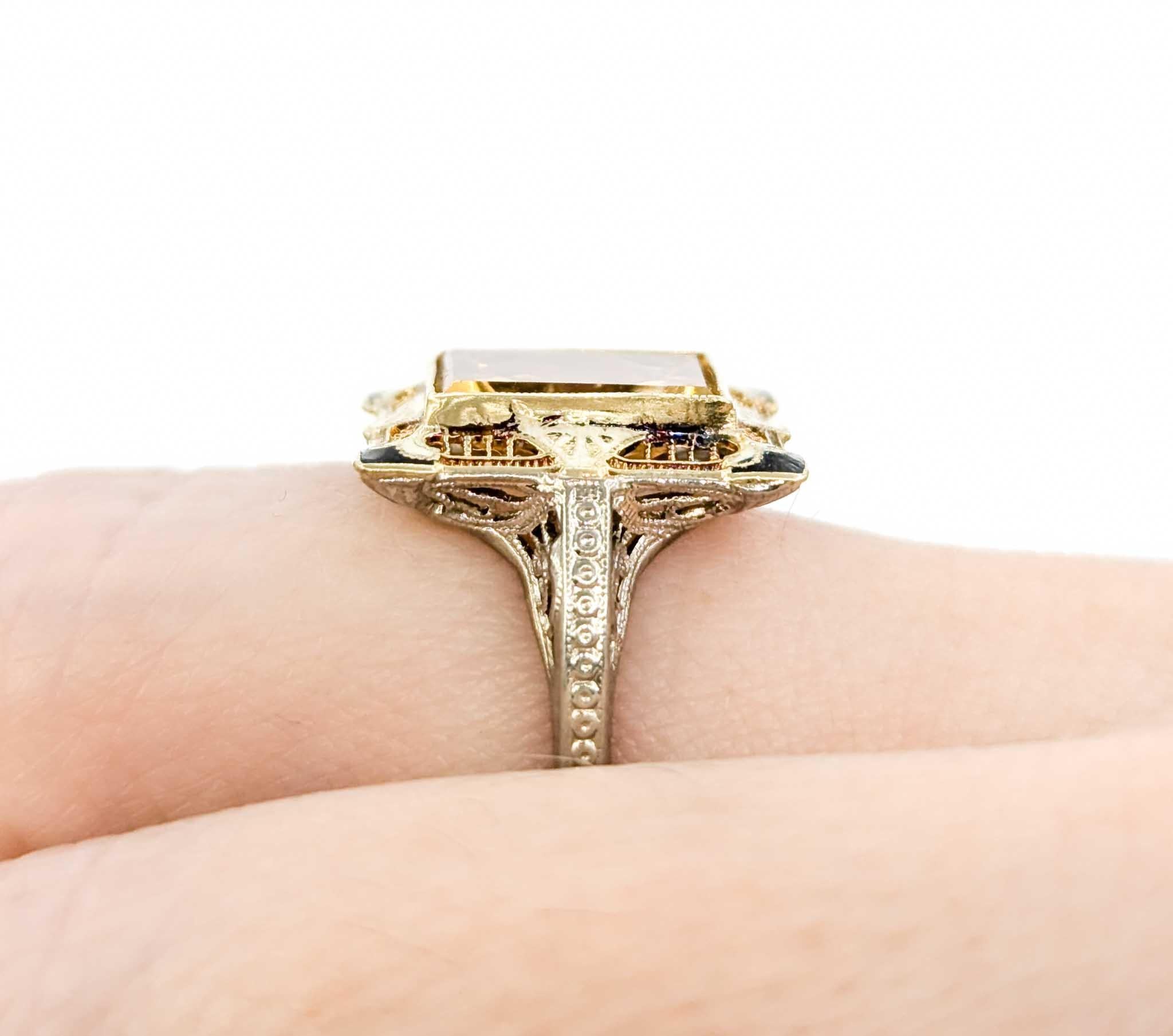 Mixed Cut Antique Art Deco Citrine Filigree Ring with Enamel in White & Yellow Gold