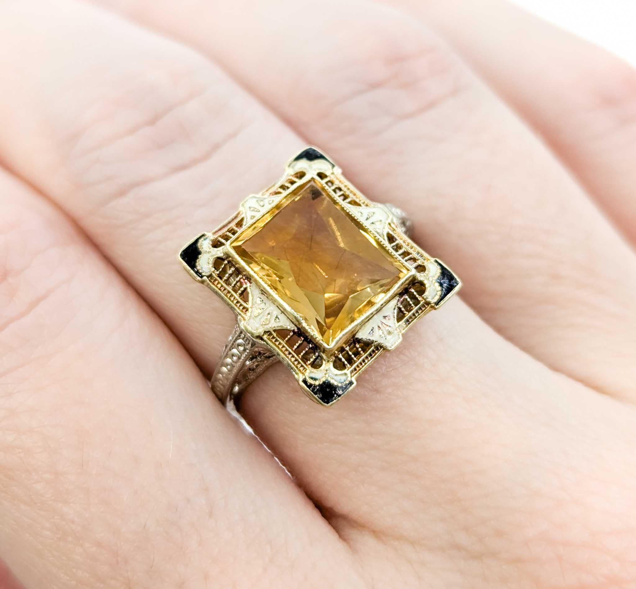 Antique Art Deco Citrine Filigree Ring with Enamel in White & Yellow Gold In Excellent Condition In Bloomington, MN