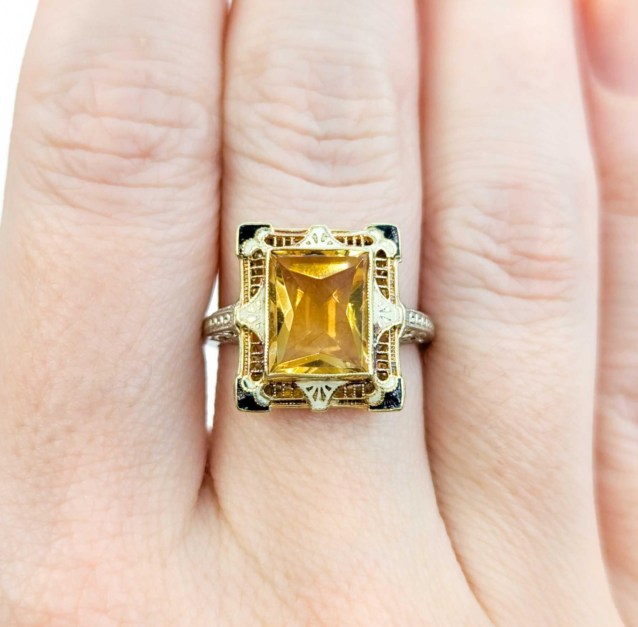 Women's Antique Art Deco Citrine Filigree Ring with Enamel in White & Yellow Gold