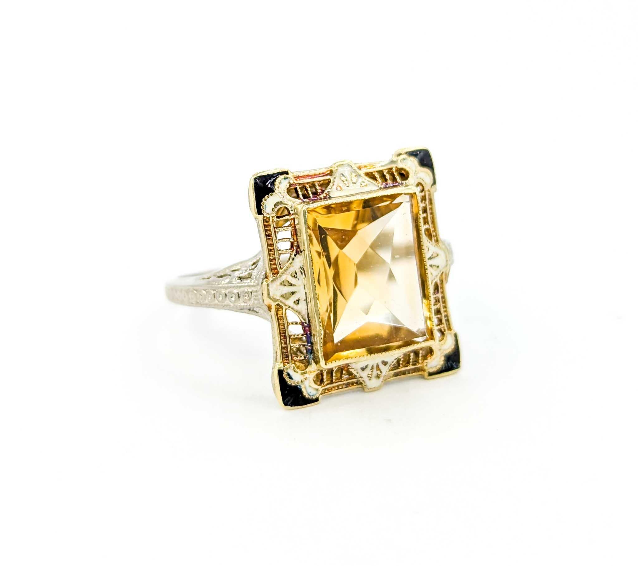 Antique Art Deco Citrine Filigree Ring with Enamel in White & Yellow Gold 1