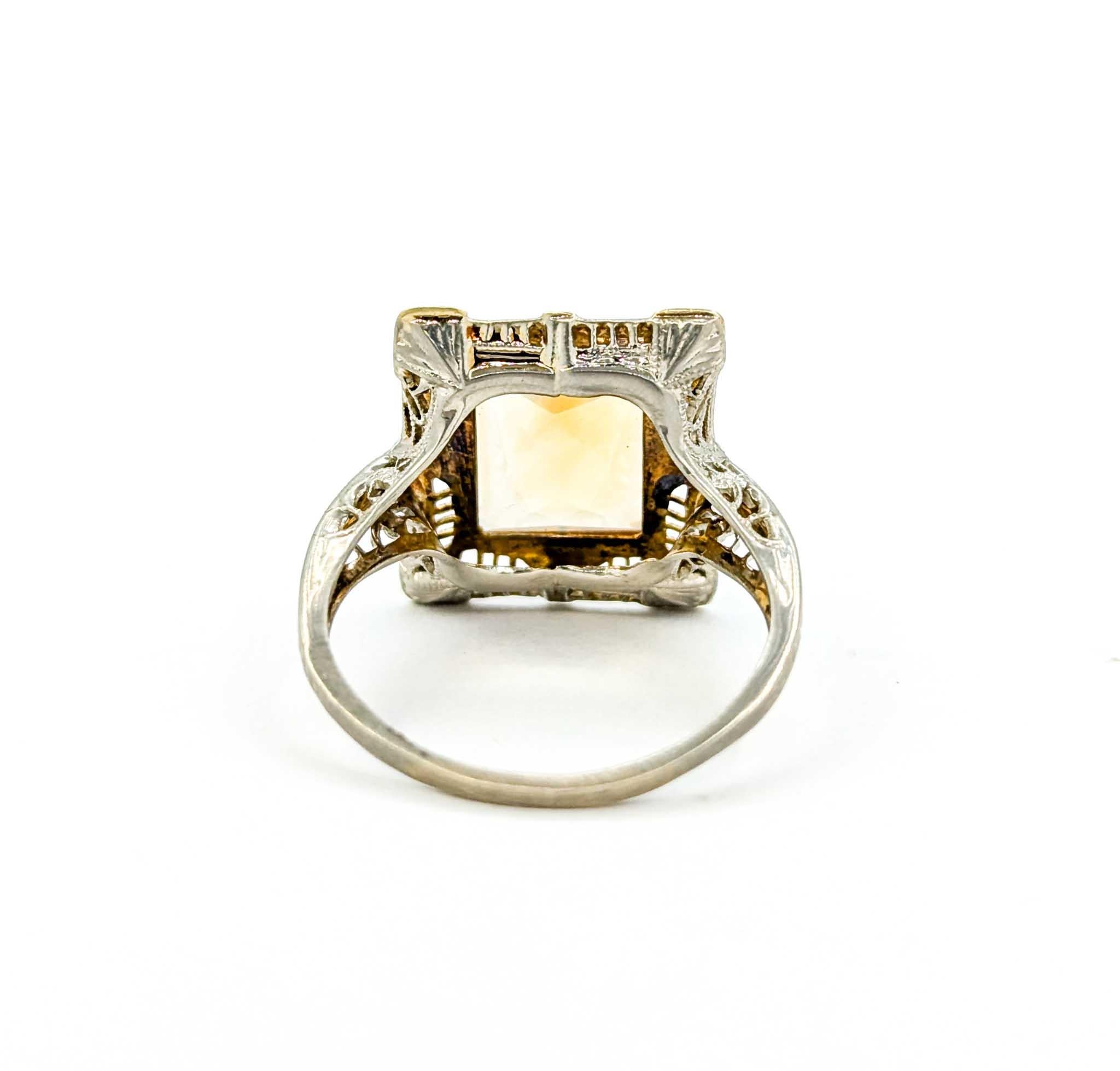 Antique Art Deco Citrine Filigree Ring with Enamel in White & Yellow Gold 2