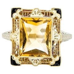 Antique Art Deco Citrine Filigree Ring with Enamel in White & Yellow Gold